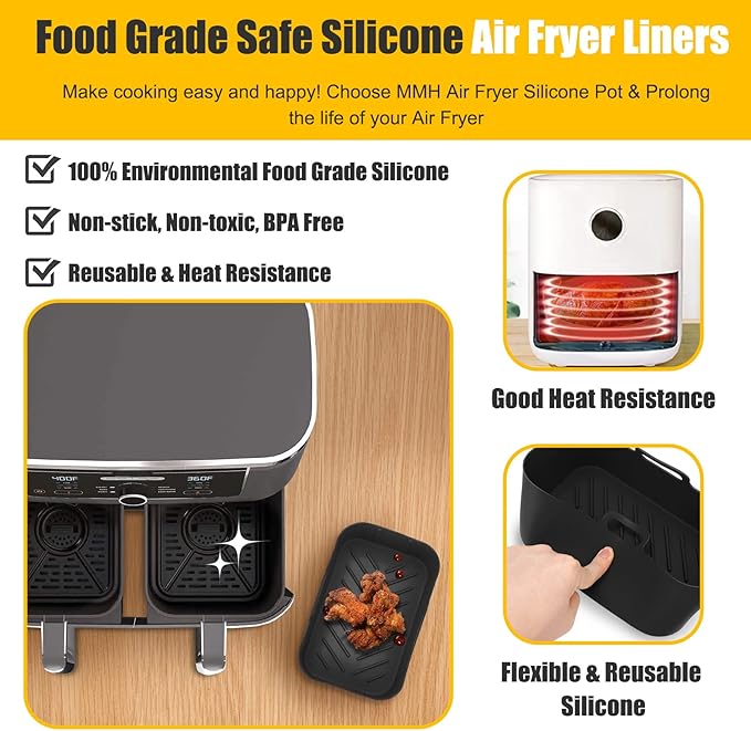 2Pcs Air Fryer Silicone Liners Rectangular for Ninja Foodi Dual DZ201 8QT/DZ090 6QT, MMH Reusable Non Stick Airfryer Dual Basket Accessories for Chefman 6QT/Instant Vortex Plus XL 8QT, Black
