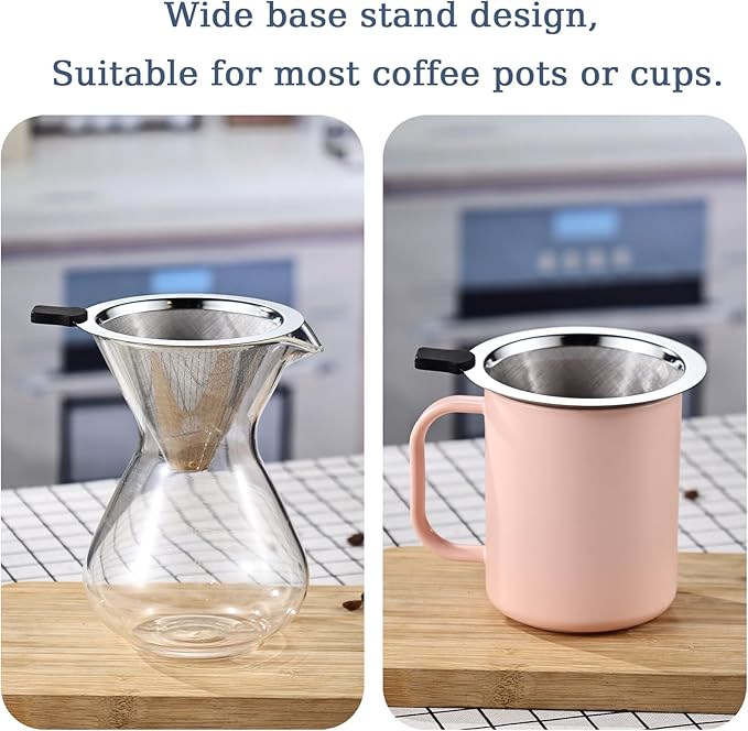 Pour Over Coffee Filter Dripper, Stainless Steel Metal Cone Drip Coffee Filter, Paperless and Permanently Reusable, Double Mesh Coffee,Tea Filter for 1-3 Cup