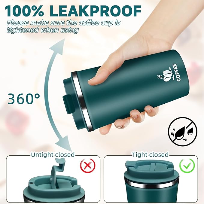 Insulated Travel Coffee Mug Reusable Coffee Tumbler Cup with Flip Lid Leak Proof Spill Proof for Office School Party Camping Hot and Cold Drink,Stainless Steel 17oz (Kingfisher Blue)