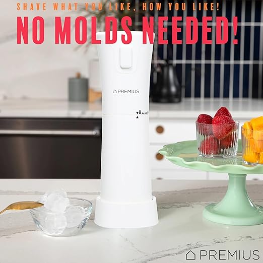 Cordless Shaved Ice Maker By PREMIUS – Lightweight, Rechargeable, Bonus Recipe Book, Resting Stand – Caribbean Shaved Ice! USB Cord Included – Up to 40 Snow Cones Per Charge! No Molds Needed! (White)
