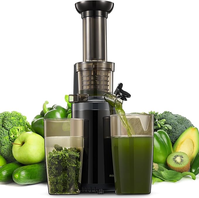 Masticating Juicer Machines, Reemix Cold Press juicer Machine Compact & Small Size, Juice Extractor, Nutrient and Vitamin Dense, BPA-Free Tritan, Easy to Clean (Black)