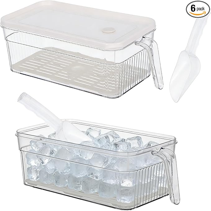 CIEOVO 2 Set Ice Bin for Freezer with Lid and 2 Scoop Set Plastic Freezer Ice Bin with Pull-Out Handle Clear Storage Bucket Kitchen Food Storage Organizer for Home Office Fridge Kitchen