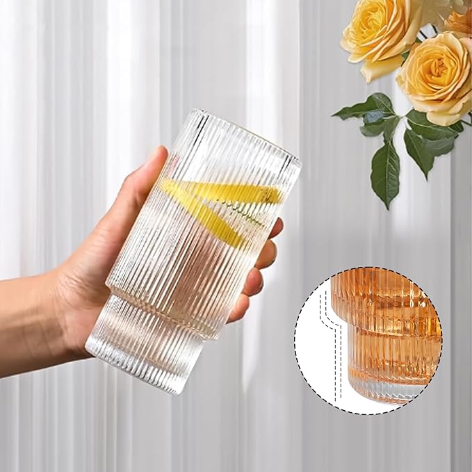 16Oz glasses drinking set of 4,Ribbed Glass Cups With Lids And Straws,Glass Tumbler With Lid for Beer, Juice, Water, Iced coffee Cup,Whiskey