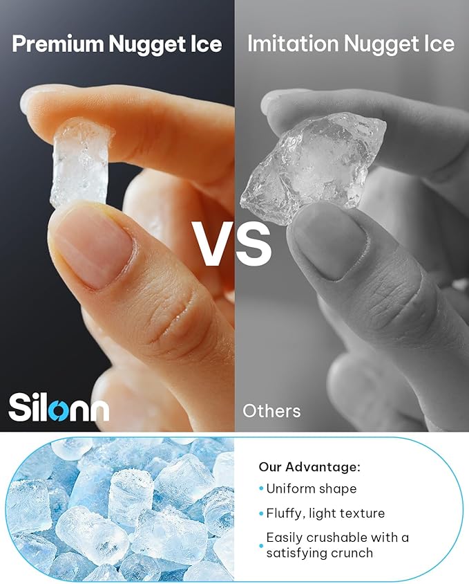 Silonn Nugget Ice Maker Countertop with 3L Detachable Water Tank, 40 lbs/24H Soft Chewable Ice, Self Cleaning Ice Machine with Timer Function, Pebble Ice Maker for Kitchen, Party and Office