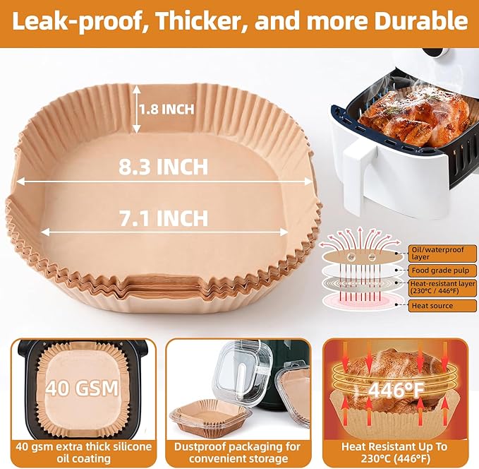 7.1 inch Air Fryer Paper Liners for Instant Pot Vortex Plus 4QT, 200pcs 3-6 Qt Thickened Square Disposable Parchment Liner Compatible with Ninja 5qt / Chefman 4-6 qt/Cosori 5qt / Instant Pot 4qt