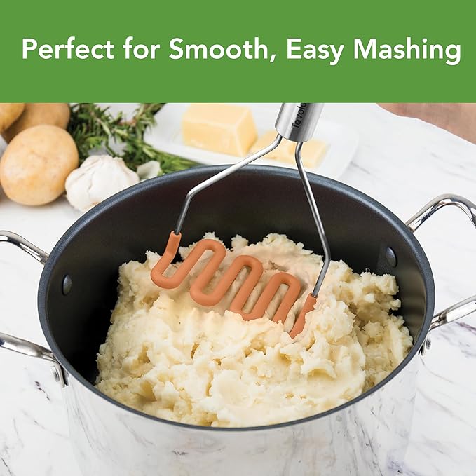 Tovolo Silicone Potato Masher Stainless Steel Handle Apricot Orange Dishwasher Safe Heat Resistant Non Scratch Handheld Coil Wire Potato Smasher for Nonstick Pans Ergonomic Kitchen Food Prep Tool