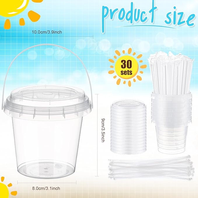 Funnymoom 30 Set 16oz Clear Plastic Drink Buckets with Lids and Straws Disposable Iced Coffee Cups Rum Buckets for Cocktail Parties Smoothie Cup Bulk with Handles for Beach Pool Party Supplies