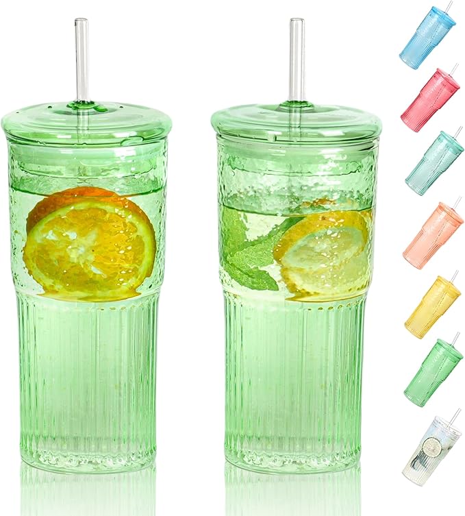 QWEZXO 20 OZ Glass Cup with Lids and Glass Straws, High Borosilicate Iced Coffee Glass Tumblers with Lid and Straw for Drinks, 2pcs Reusable Wide Mouth Smoothie Cup(Green)