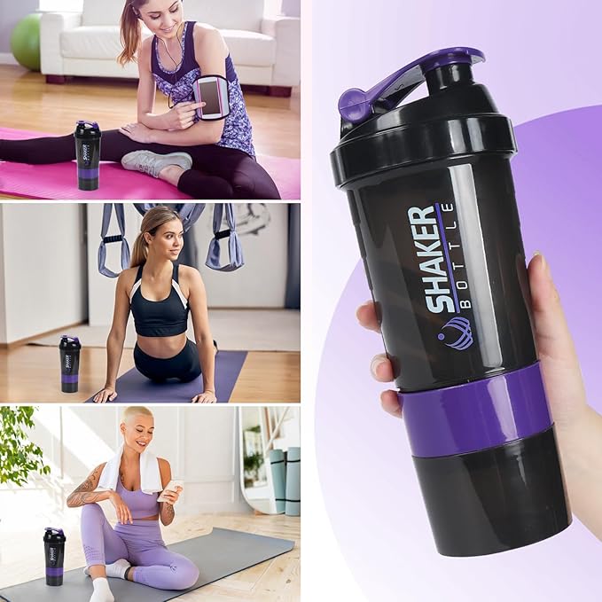 Protein Shaker Bottle,Sports Water Bottle,Leak Proof Shake Bottle For Protein Mixer,Non Slip 3 Layer Twist Off 3oz Cups with Pill Tray,Workout Shaker Bottle 16oz,Purple