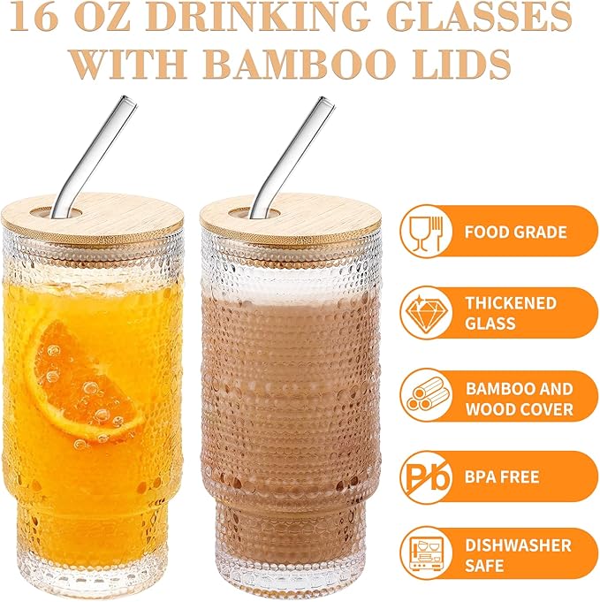 Hobnail Drinking Glasses 16 oz, 4 Pack Vintage Hobnail Glassware, Clear Water Glasses Tumbler, Kitchen Cups for Juice, Beer, Cocktail, Whiskey
