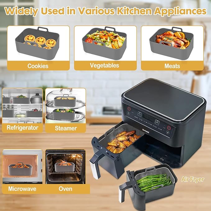 Silicone Air Fryer Liners 10QT, Reusable Airfryer Basket Liners Rectangular for Ninja DZ550/DZ401, 2Pcs 5QT Large Air Fryer Accessories,Replacement Basket Insert with Magnetic Cheat Sheet (2 Pcs Grey)