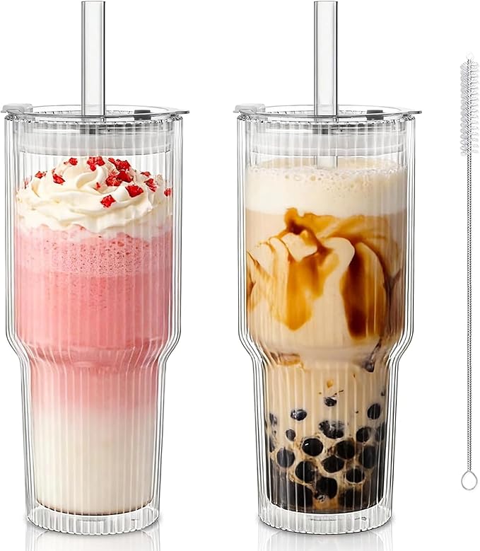 KEMORELA 28 oz Double Wall Glass Tumblers Set of 2, Extra-Wide 13mm Reusable Drinking Straws, Boba Tumbler, Wide-Mouth Water Cups for Iced Coffee, Smoothies, Boba & Tea Lovers (Ribbed)