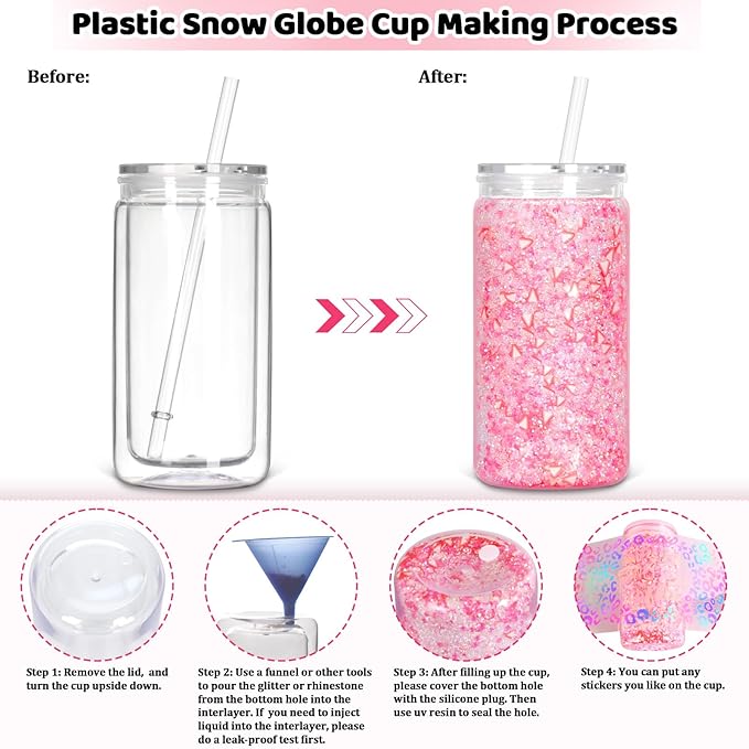 12 Pack Snow Globe Tumbler with Pre Drilled Hole, 16 Oz Double Wall Plastic Can with Lid and Straw, Plastic Mason Jar Mug for Snow Globe Glitter DIY Gift (Clear)