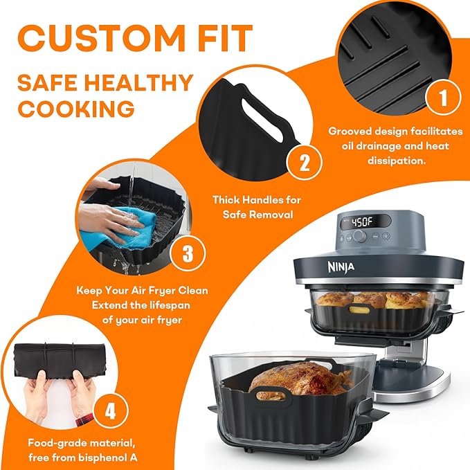 Silicone Air Fryer Liners 2 Pack, Reusable Non-Stick Square Liners Compatible with Ninja Crispi Pro Glass Air Fryer AS101CY, 5–6.5QT Air Fryer Baskets