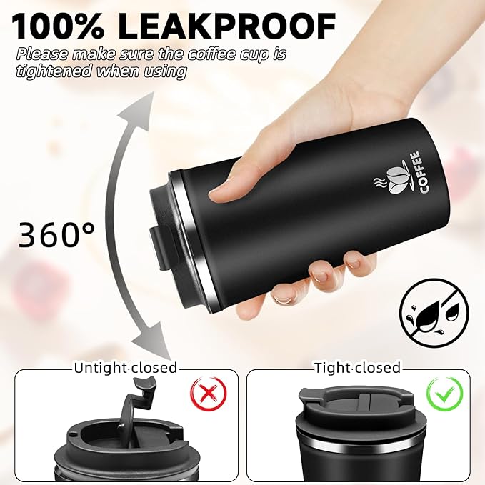 Insulated Travel Coffee Mug Reusable Coffee Tumbler Cup with Flip Lid Leak Proof Spill Proof for Office School Party Camping Hot and Cold Drink,Stainless Steel 17oz (Black)