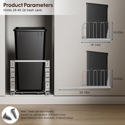 Pull Out Trash Can Under Cabinet with Soft-Close Slides, Heavy Duty Under Sink Trash Can Kit for Kitchen, Garbage Can Not Included, Requires Minimum Cabinets Opening 14" W X 19" D