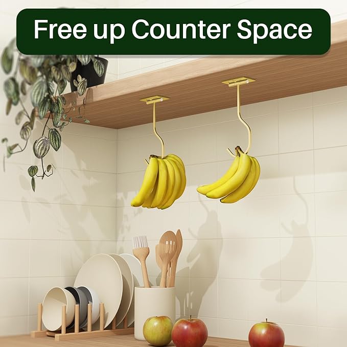 bussdis Adhesive Banana Hook Under Cabinet: 2-Pack Foldable Metal Banana Hanger, Space-Saving Under Counter Banana Holder for Kitchen & RV, Gold