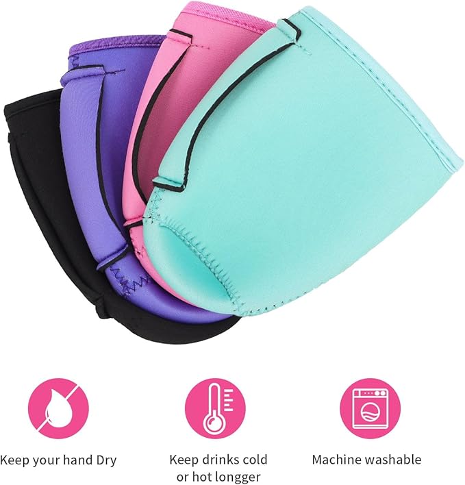 4Pack Reusable Iced Coffee Sleeve Insulator Sleeves for Cold Drinks Beverages, Neoprene Cup Holder for Most Coffee, Fits 22-24oz Medium Cups (Solid Color with Handle)