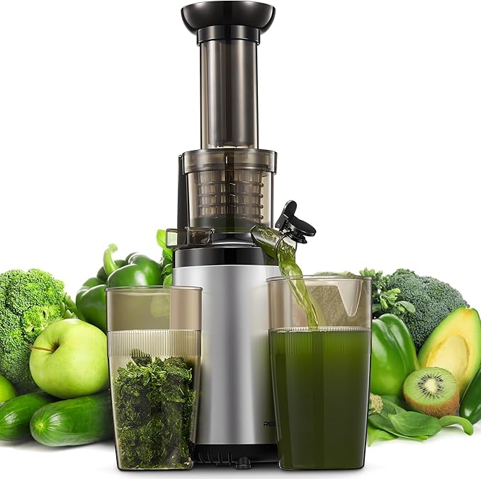 Masticating Juicer Machines, Reemix Cold Press juicer Machine Compact & Small Size, Juice Extractor, Nutrient and Vitamin Dense, BPA-Free Tritan, Easy to Clean (Silver)