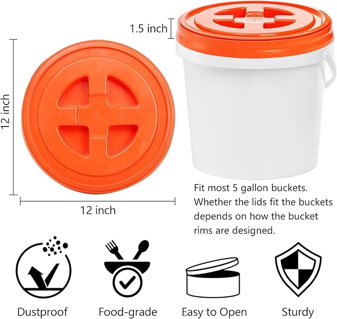 Hacaroa 3 Pieces 5 Gallon Bucket Lids, 12 Inch Plastic Screw Top Seal Lids, Leak-proof Reusable Bucket Twist Lid Caps for Pet Food, Grain, Paint Storage Buckets, 3 Colors