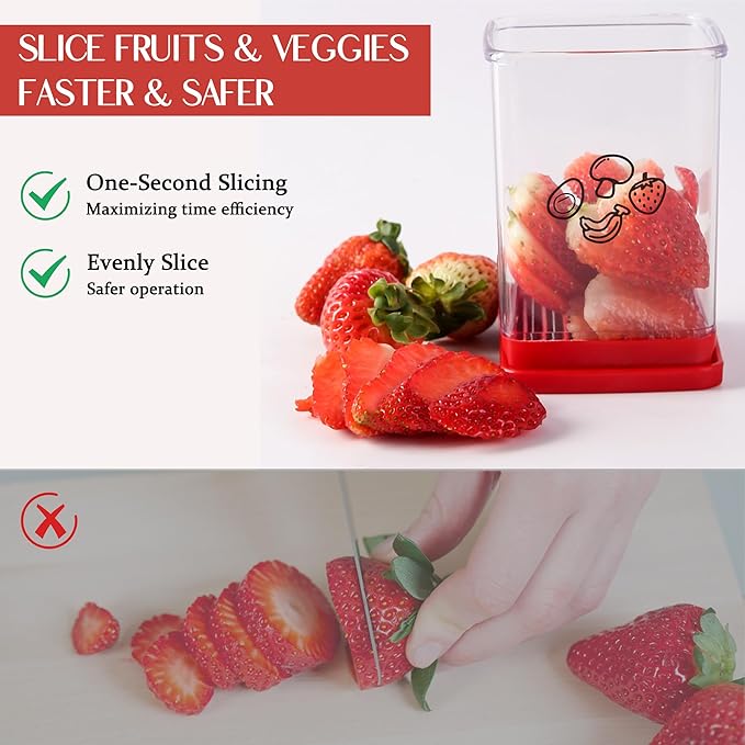 2 Pcs Strawberry Slicer | Fruit Slicer Cup, Strawberry Cutter with Push Plate, Speed Fruit Cutter for Banana Grape Egg, Must Have Kitchen Gadget (Red)