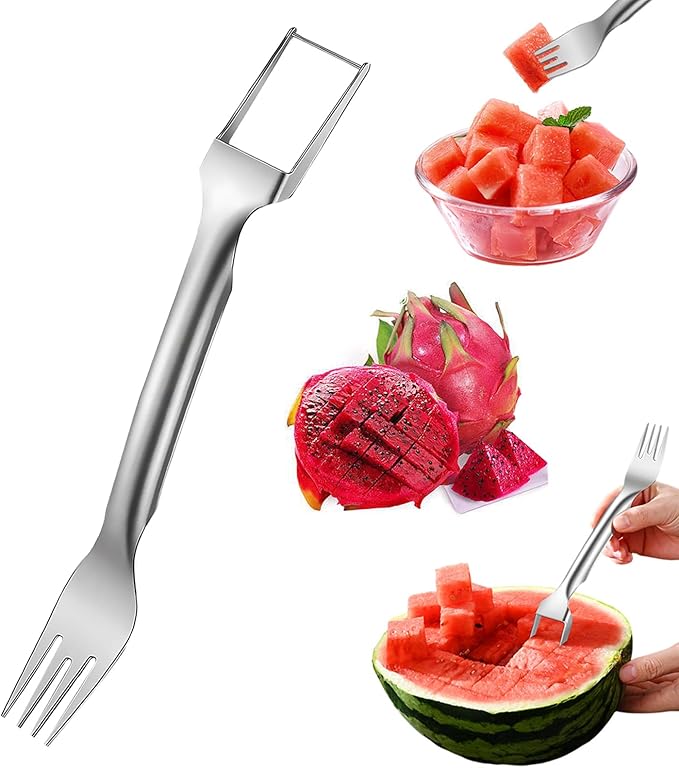 2-in-1 Watermelon Fork Slicer Cutter, Dual Head Watermelon Cube Cutter, Multipurpose Fruit Cutting Knife Summer Stainless Steel Watermelon Slicer for Kitchen Gadgets, Parties, Camping