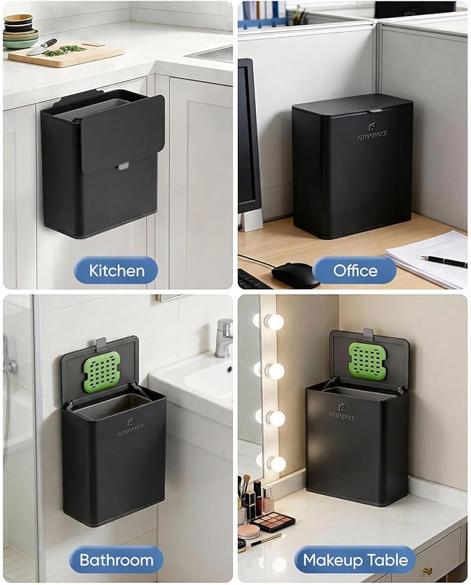 Kitchen Compost Bin, 8L/2.1G Small Trash Can with Lid, Slim Stainless Steel Hanging Garbage Bin for Kitchen, Bathroom, Bedroom, Office, Wall Mounted Compost Bin with Inner Bucket, Black