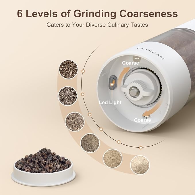 Ultrean Electric Pepper Grinder, Rechargeable Salt and Pepper Grinder with 6 Adjustable Coarseness, LED Light, Automatic Grinder for Kitchen, Kitchen Gadget & Housewarming Gifts, White