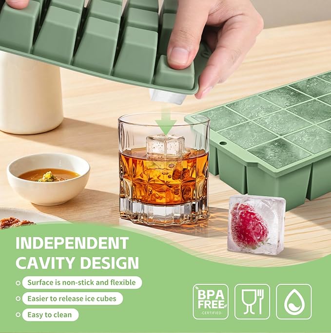 Silicone Ice Cube Tray with Locks Lids, Easy Release Flexible 15 Square Ice Trays for Freezer, Stackable & Reusable Ice Cube Mold for Whiskey, Cocktails, Baby Food, BPA Free, 2 Pack (Green)