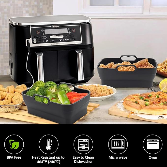 Air Fryer Silicone Liners Pot for Ninja Foodi Dual DZ090 6QT, 2 Pack Reusable Air Fryer Silicone Replacement Basket Bowl, Collapsible Baking Tray for Air Fryer Accessories (Black)