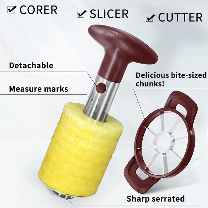 Newness Pineapple Corer and Slicer Tool, Robust Pineapple Core Remover with Upgraded Cutter & Reinforced Thicker Blade, Stainless Steel Kitchen Fruit Gadget for Diced Pineapple Rings (Red)