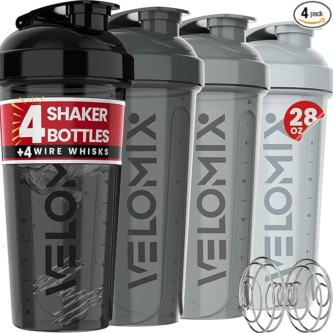 VELOMIX -4 Pack- 28 oz Protein Shaker Bottles for Protein Mixes - 4x Wire Whisk | Leak Proof Shaker Cups for Protein Shakes | Stackable Protein Shaker Bottle Pack (Silver Mix)