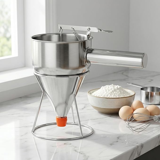WRINGKIT 40 Oz Pancake Batter Dispenser, Stainless Steel 4 Caliber Funnel Cake Dispenser with Stand, Pancake Mix Dispenser with Handle, Funnel Cake Maker for Cupcakes, Muffins, Waffle and Baked Goods