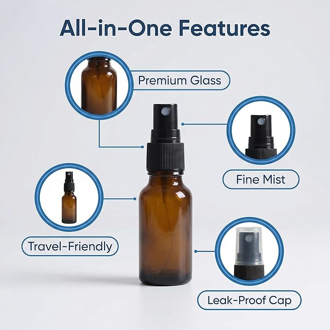 6Pcs 15ml 0.5oz Amber Glass Fine Mist Spray Bottles Refillable Travel Cosmetic Containers Perfume Sample Bottles with Black Sprayers for Essential Oils Cleaning Products Aromatherapy