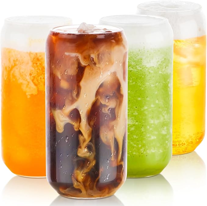 BEWAVE Drinking Glass Set of 4, 16oz Can Shaped Glasses Cups, Iced Coffee Glasses, Beer Tumbler, for Whiskey, Soda, Tea, Juice, Gift, with Lid, Straw