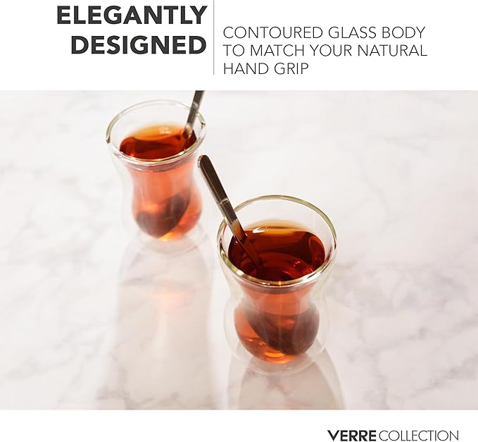 Verre Collection Turkish Tea Cups 4.25 oz, Lightweight Turkish Tea Glasses, Heat Resistant Double Wall Tea Cups, Insulated Turkish Tea Set of 2