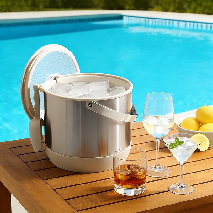 5QT/4.8L Insulated Ice Bucket for Parties, Large Capacity Double-Wall Beverage Bucket with Scoop & Lid for Champagne, Wine, Cocktail (White)