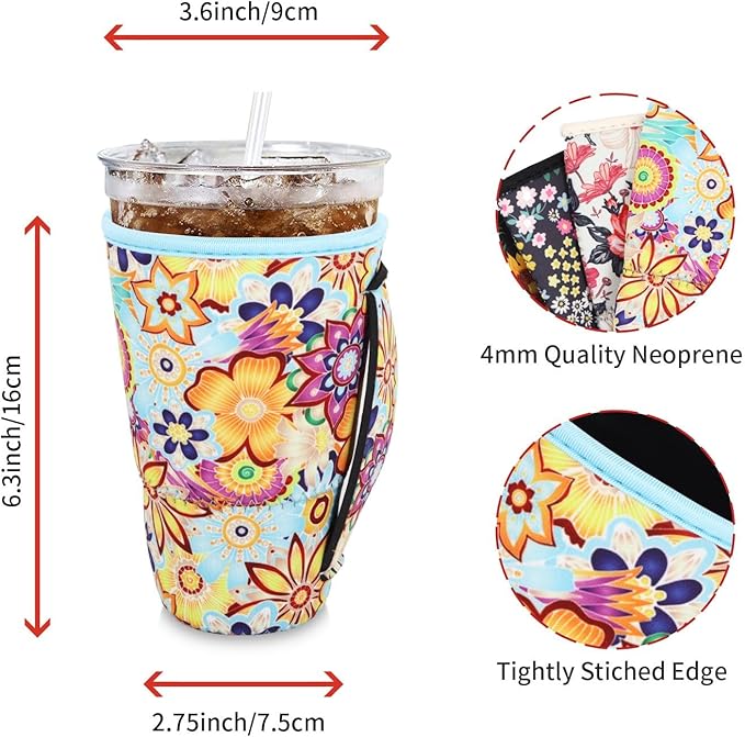 4Pack Reusable Iced Coffee Sleeve Insulator Sleeves for Cold Drinks Beverages, Neoprene Cup Holder for Most Coffee, Fits 30-32oz Large Cups (Floral Meadow)