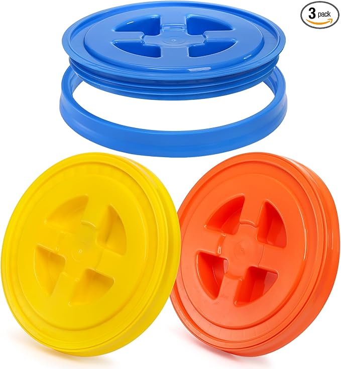 Hacaroa 3 Pieces 5 Gallon Bucket Lids, 12 Inch Plastic Screw Top Seal Lids, Leak-proof Reusable Bucket Twist Lid Caps for Pet Food, Grain, Paint Storage Buckets, 3 Colors