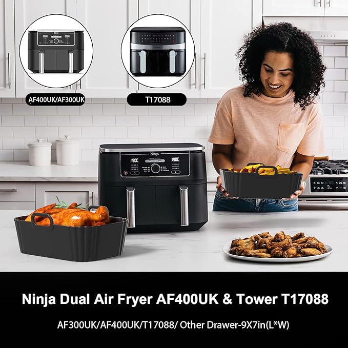 Silicone Air Fryer Liners 2 Pack, Reusable Liners Compatible for Ninja Foodi DZ201, DZ401, DZ550, COSORI, Chefman, Instant Air Fryer, and 6-in-1 8-10QT AirFryer Baskets