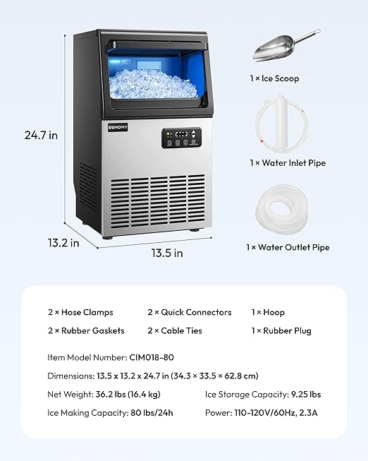 EUHOMY Commercial Nugget Ice Maker Machine, 80lbs/24H, Stainless Steel Under Counter Pebble Ice Maker with Water Filter, 9.25lbs Storage Bin, Soft Sonic Ice Machine for Home/Bar/Cafe/Restaurant