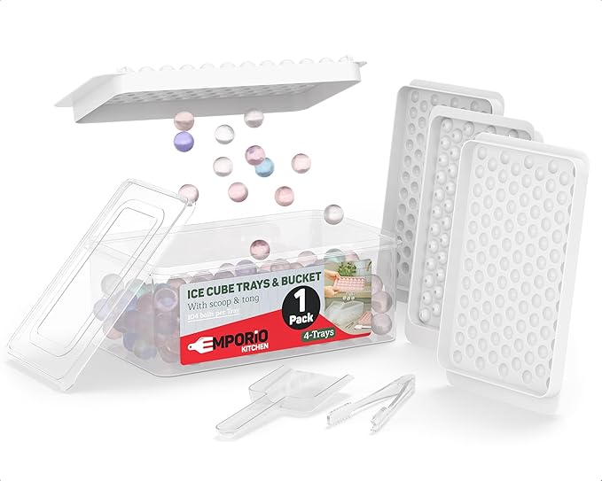 Emporio Kitchen Round Ice Cube Tray Set Pack of 1, BPA-Free Stackable Trays with Lid & Tongs, 104 Ice Balls Per Tray for Whiskey, Drinks, and Cocktails, Quick Release Round Ice Cube Mold, White