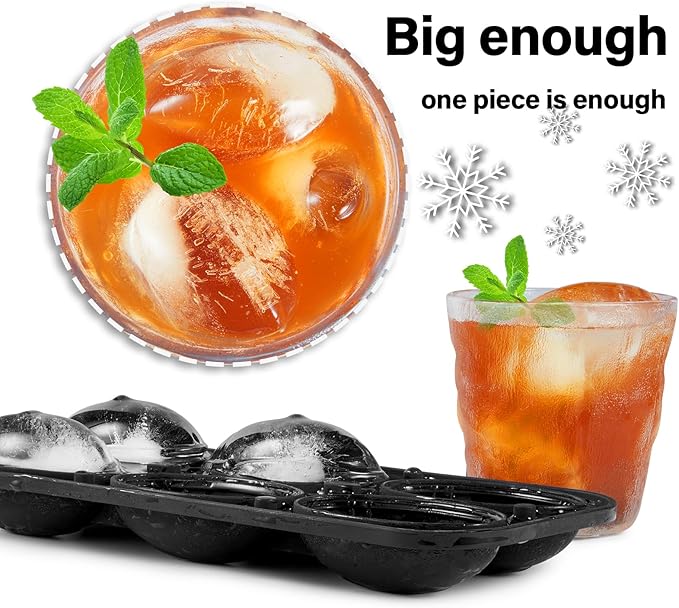 Silicone Large Ice Cube Tray, 6 Big Football Ice Cube Trays for Freezer,ICE Maker,Ice Cube Mold,Nice ICE Cube Trays,Crushed Ice Trays for Wiskey Cocktail Beer (Black, 6 Large Ice Cubes)
