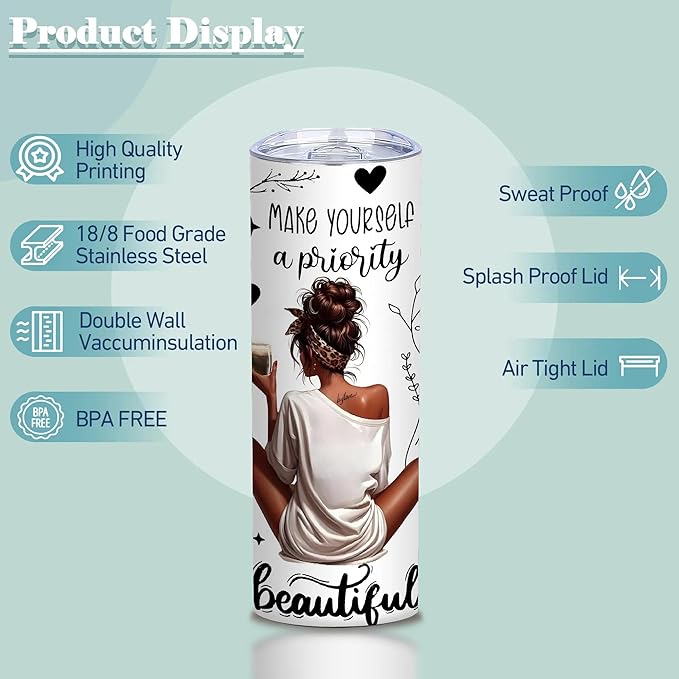 ATHAND Black Women Girl Tumbler,20 OZ African American Insulated Stainless Steel Skinny Iced Coffee Tumblers with Lid,Love Yourself Inspirational Gifts for Friend,Women,Girls,Mom,1 Pcs