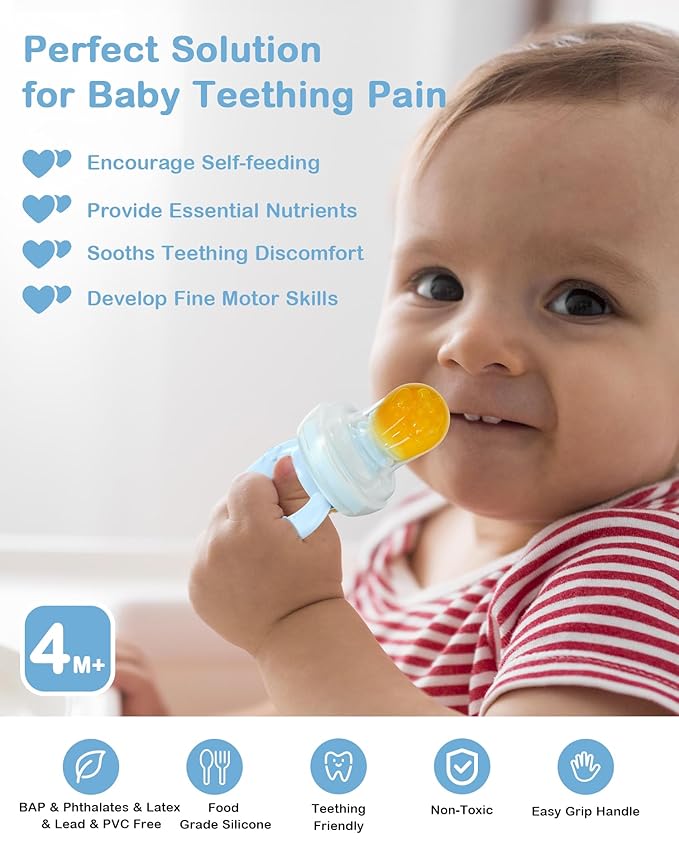 Silicone Baby Fruit Feeder with Freezer Nibble Tray Combo, Baby Teethers, Breastmilk Popsicle Molds for Teething Relief, BPA Free Fresh Food Feeder for Safe Infant Self Feeding (Sky Blue)