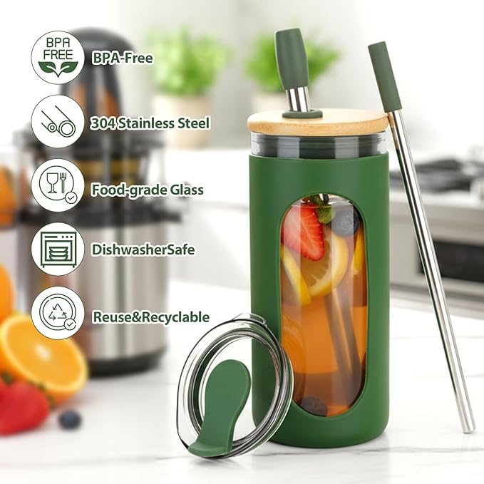 Sursip 20 oz Glass Tumbler with Lids and Straws, Reusable Borosilicate Glass Iced Coffee Cup with Bamboo Lid for Smoothie Boba Juice,Travel BPA-Free - Khaki