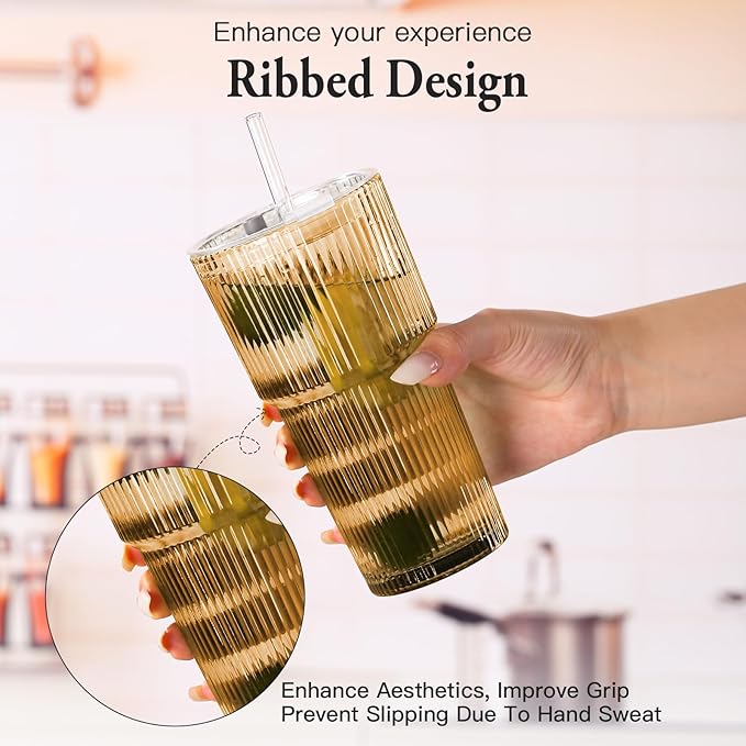 4PCS Amber Ribbed Glass Cups with Lids and Straws, 20oz Vintage Drinking Glasses, Aesthetic Iced Coffee Cups, Glass Tumbler for Boba, Beer, Tea, Cocktails, Ribbed Glassware Set,Amber Brown Glass Cup