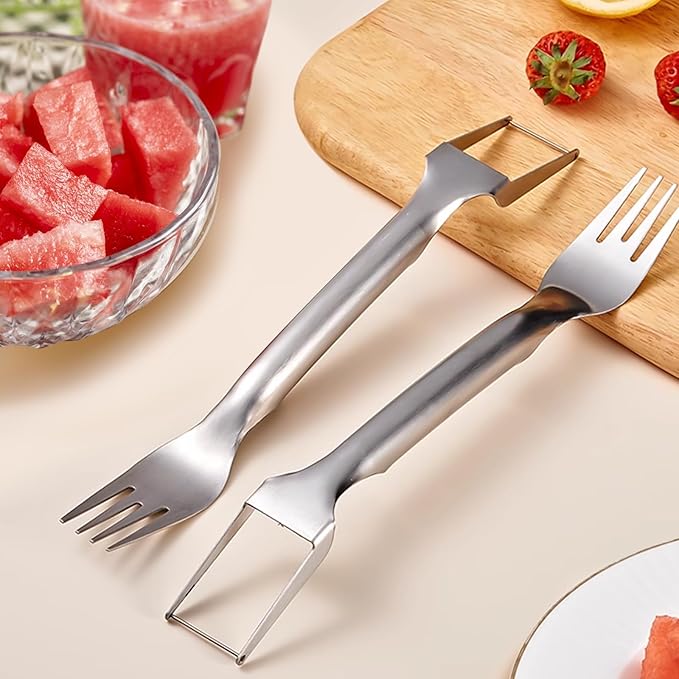 2PCS Watermelon Cutter, 2026 Watermelon Fork Slicer Cutter Dual-Head, 2-in-1 Stainless Steel Melon Fork Slicer Knife Kitchen for Family Home Party Camping Kitchen Gadget
