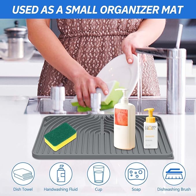 JACZZO Silicone Dish Drying Mat for Kitchen Counter - 14.7x10.2 Inch Non-Slip Drying Matt with Slope Drain, Dish Sponge Holder, Heat Resistant Mat (Grey)