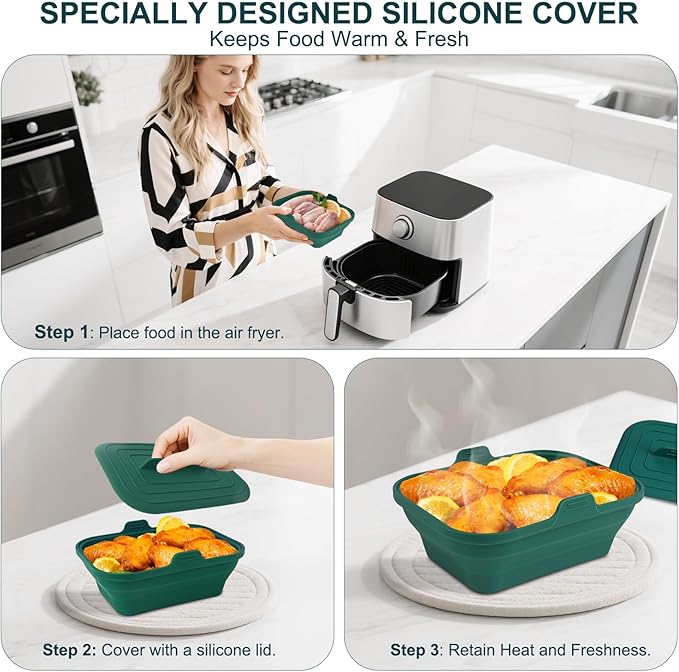 Silicone Air Fryer Liners Collapsible, 8.2 Inch Reusable Air Fryer Liners With lid-Long-lasting Freshness - Easy to Clean Air Fryers Pot for 5.8 to 8 Qt Baking Tray Oven Accessories, Green